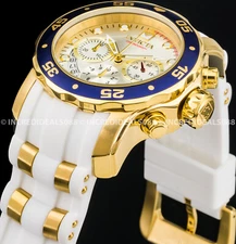 Invicta Men PRO DIVER SCUBA CHRONOGRAPH Gold Blue Silver Dial White Strap Watch