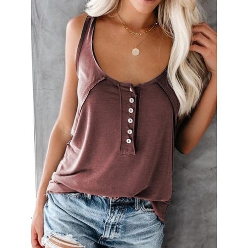 Womens Summer Loose Button Blouse Round Neck Tank Casual Solid T Shirt Beach Top - Bild 3 von 5