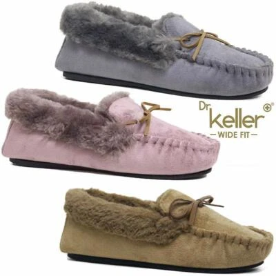 Ladies Wide Fit Slippers New Women Faux Suede Warm Fur Moccasin Loafers Shoes