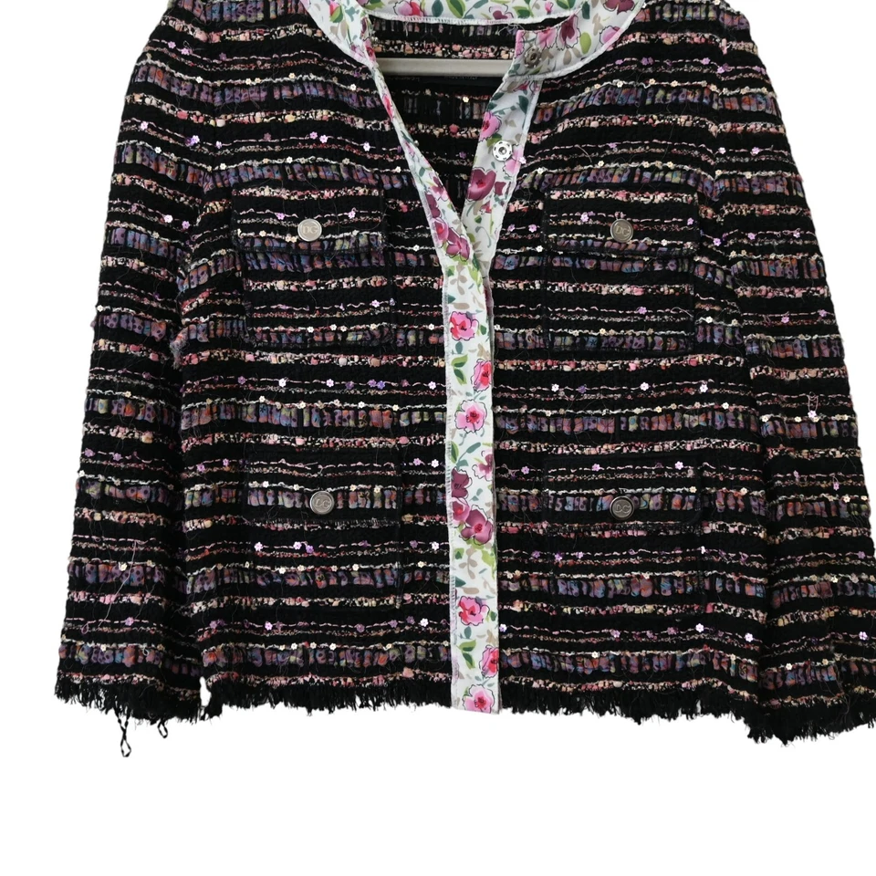 Blazer Dolce Gabbana Tweed Talla 40 EE. UU. 4 Negro Rosa Escote Floral Bolsillos con Solapa Foto 3 de 4
