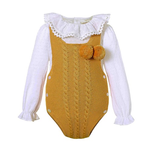 Toddler Baby Girls Knitted Rompers Yellow Sweater Jumpsuit w/ White Shirt Outfit - Picture 2 of 10
