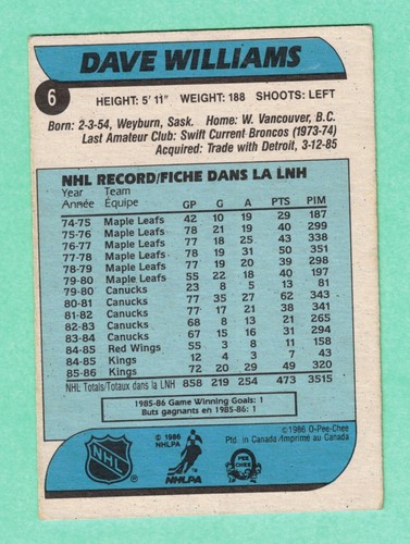 (1) DAVE TIGER WILLIAMS 1986-87 O-PEE-CHEE # 6 KINGS EX/EX+ CARD (I7270) - Picture 2 of 2