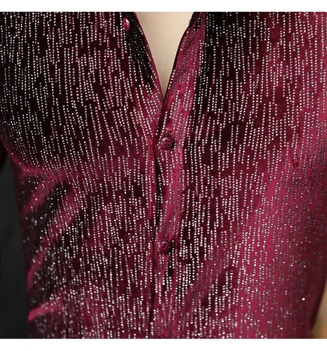 Men's Shiny Velvet Shirts Slim Fit Long Sleeve Fashion Social Shirt Clothing - Picture 13 of 17