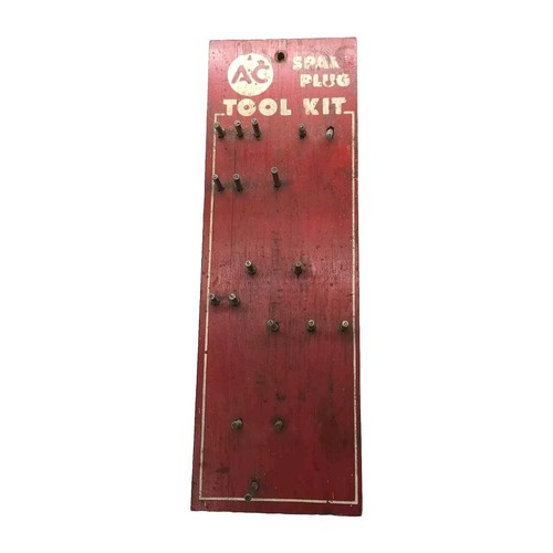 A.C. Spark Plug Vintage Tool Kit 1950's Wooden Wall Mount Spark Plug Tool Holder - Picture 1 of 7