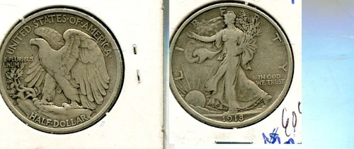 1918 D WALKING LIBERTY SILVER HALF DOLLAR VERY FINE 6045S