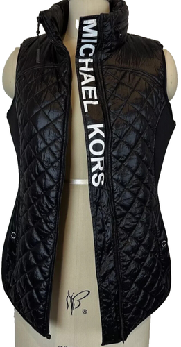 MICHAEL KORS Max Media Insulated Quilted Zip Vest Hooded Black White Logo Size L - Picture 4 of 5