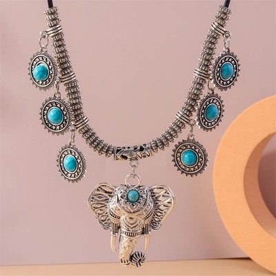 Bohemian Big Elephant Pendant Necklace for Women Tibetan   Alloy Statement 
