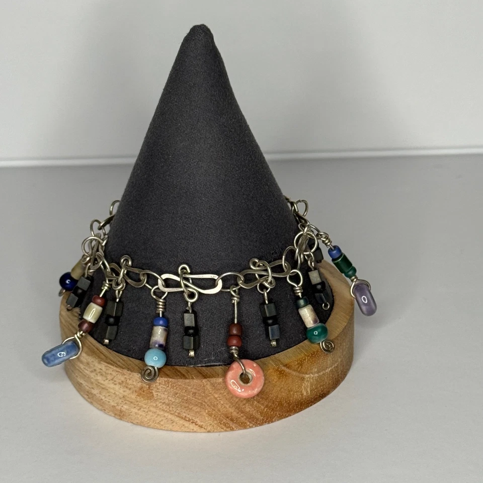 Charm Bracelet Multicolored Beads Sterling Silver S Wire Chain - Image 2 of 4