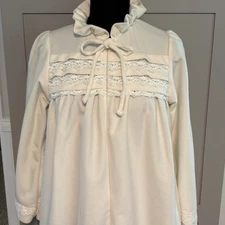 Luxury Robe House Dress Velour Small Ivory Ruffle Neckline Lace Zipper Front VTG