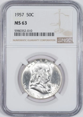 1957 NGC MS63 Benjamin Franklin Silver Half Dollar Uncirculated BU