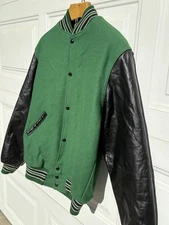 VTG Holloway Varsity Jacket Green Wool Black Leather Sleeve Men’s M Long EUC