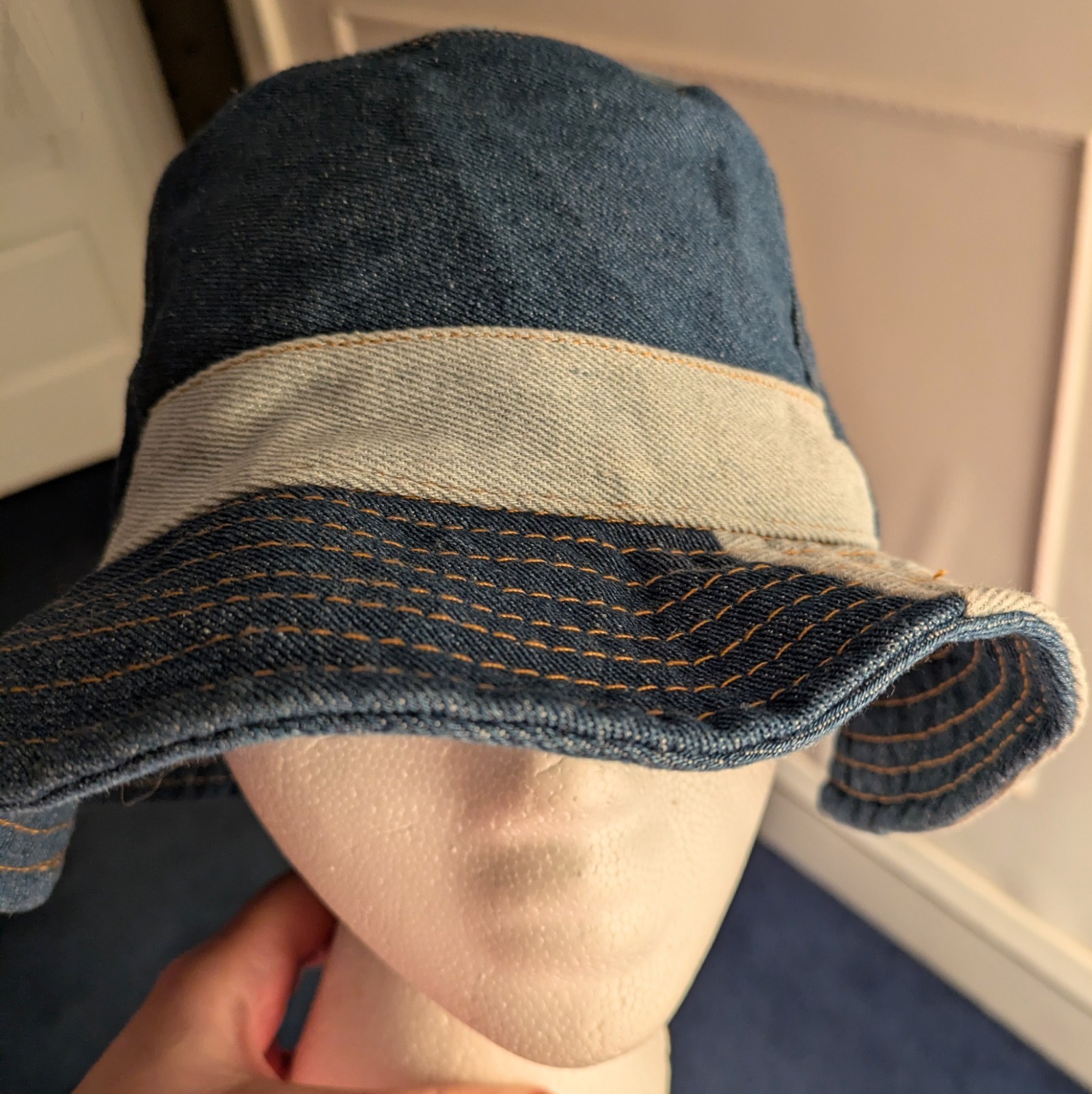Hello Tree Denim Patchwork Bucket Hat Blue O/S Co… - image 2