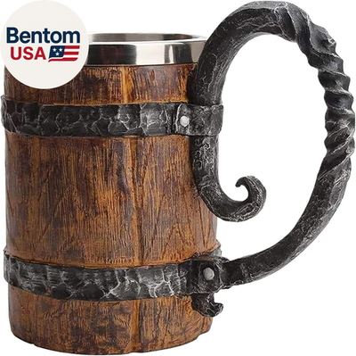 #ad Wooden Barrel Beer Mug Large Viking Cup Wood Style Beer Stein with Handle Doub $36.25