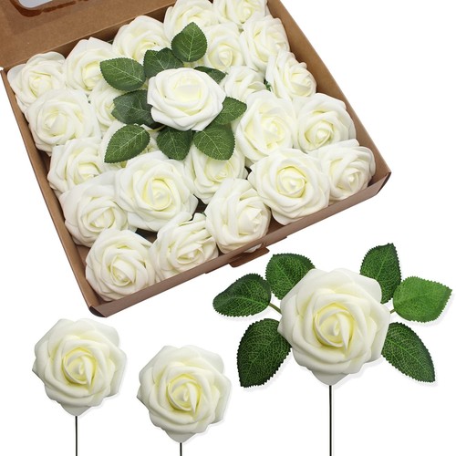 Artificial Flowers Realistic Roses, 25pcs Real Looking Fake Roses with Stem f...