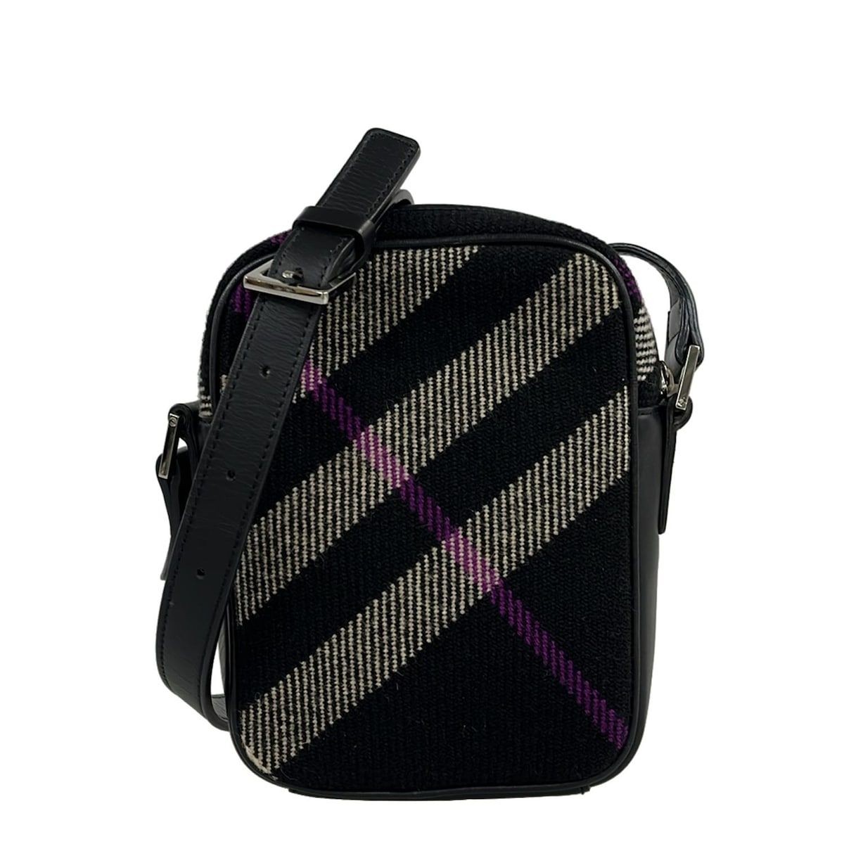 Burberry Shoulder Bag Black White Purple Plaid Wool Leather  Authentic