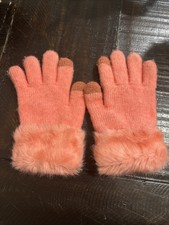 Coral Knit Wrist Gloves Faux Fur Trim Stretch One Size Youth Winter