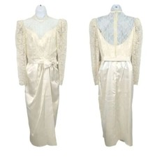 Vintage Antique Ivory Satin and Lace Victorian Wedding Evening Dress Size Small