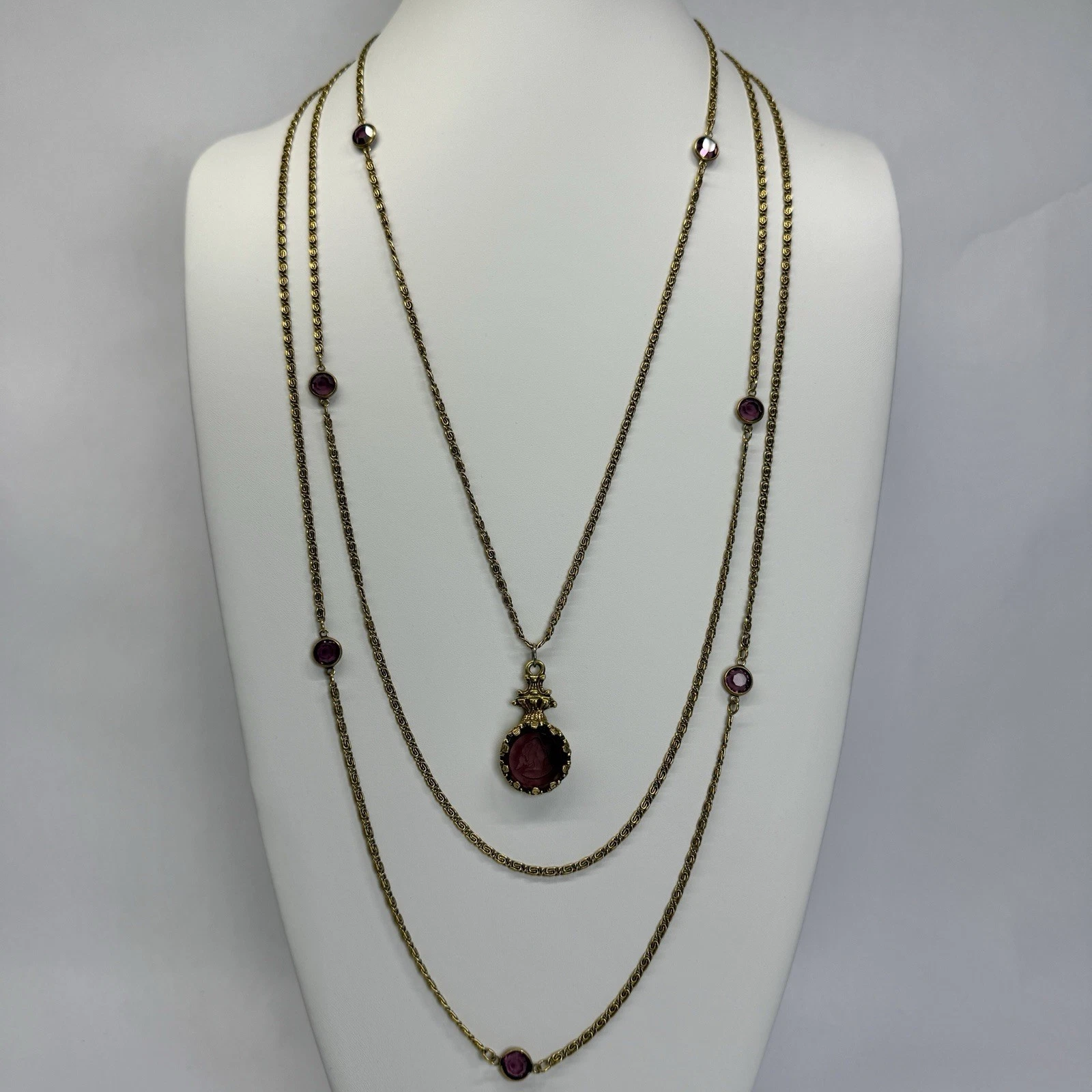 GOLDETTE Unsigned Amber Glass Cameo Intaglio Vintage Necklace Jewelry N219