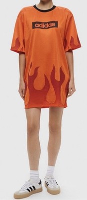 adidas Originals Large Orange Flames Mesh Jersey Mini Dress JX7601 Oversized Y2K