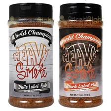 Heavy Smoke Black and White Label Rub 11 oz Bottles Ribs Chicken Beef Seasoning