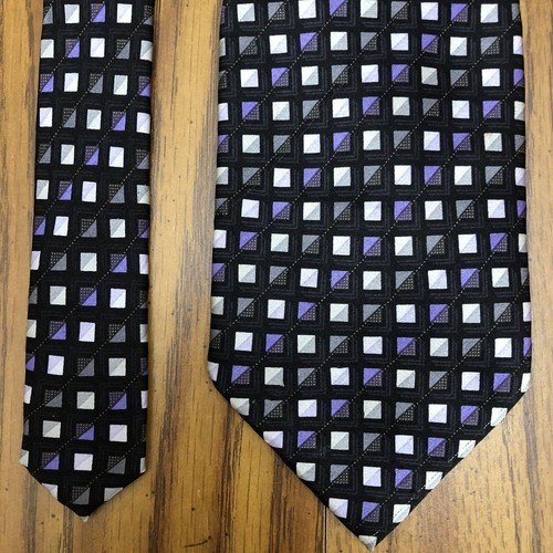 Kilburne & Finch Necktie Silk 100% Black Grid Silver Purple Gray Mens 59.5X3.75