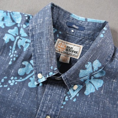Reyn Spooner Hibiscus Floral Reverse Print Men Shirt M Hawaiian Aloha Blue