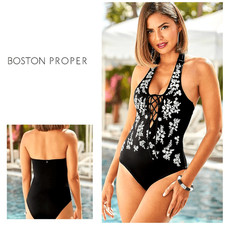 New. Boston Proper black embroidered one piece. XL