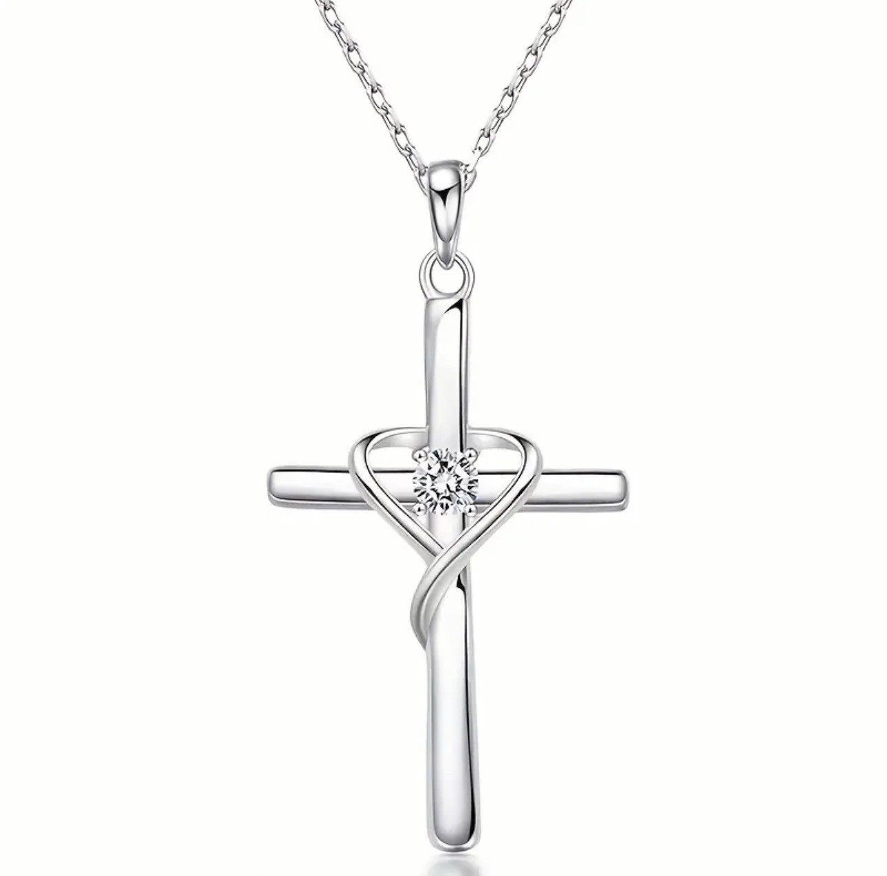 Silver Cross Necklace with Heart Crystal Pendant for Faith Jewelry