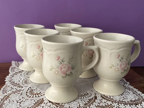 Set 6 Vintage Pfaltzgraff TEA ROSE Mugs Pedestal Footed Coffee Cups Made in USA