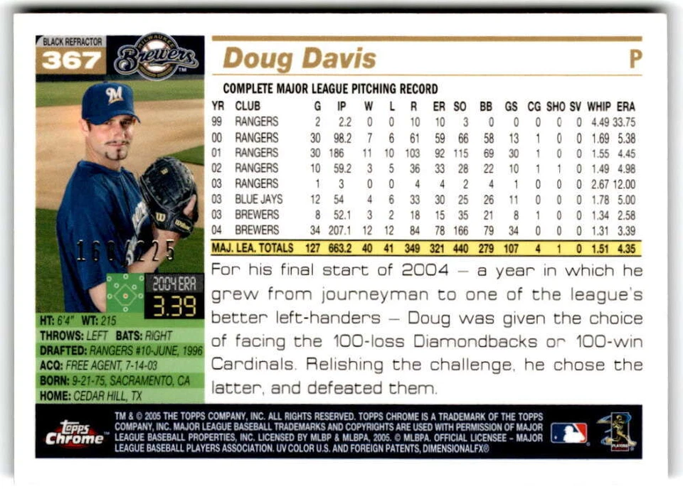 Topps 2005 cromo refractor negro #367 Doug Davis/225 Milwaukee Brewers Foto 2 de 2