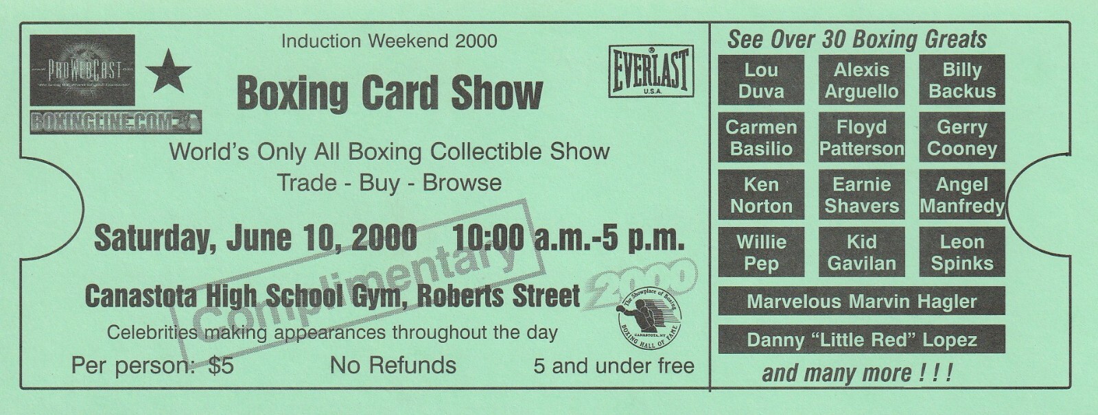 2000 INTERNATIONAL BOXING HALL OF FAME BOXING CARD SHOW TICKET JUNE 10, 2000