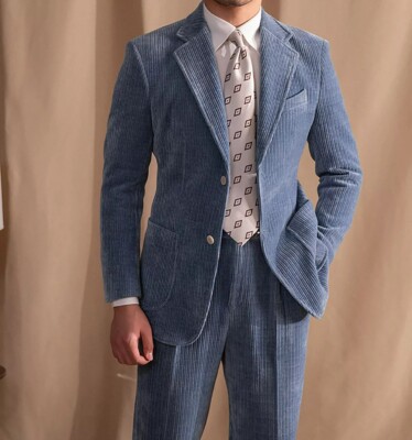 Winter Men Suits Blue Corduroy Notch Lapel Groom Tuxedos Wedding Dinner Suit 