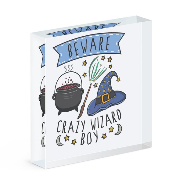 Beware VerrüCkte Zauberer Jungen Acryl Foto Block Rahmen Lustiger Witz Magischer-image