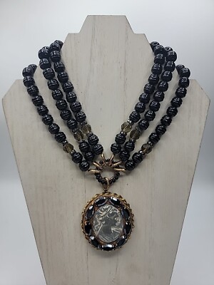 Black Cameo Statement Necklace 14-17'' EUC Gothic Artisan Made OOAK