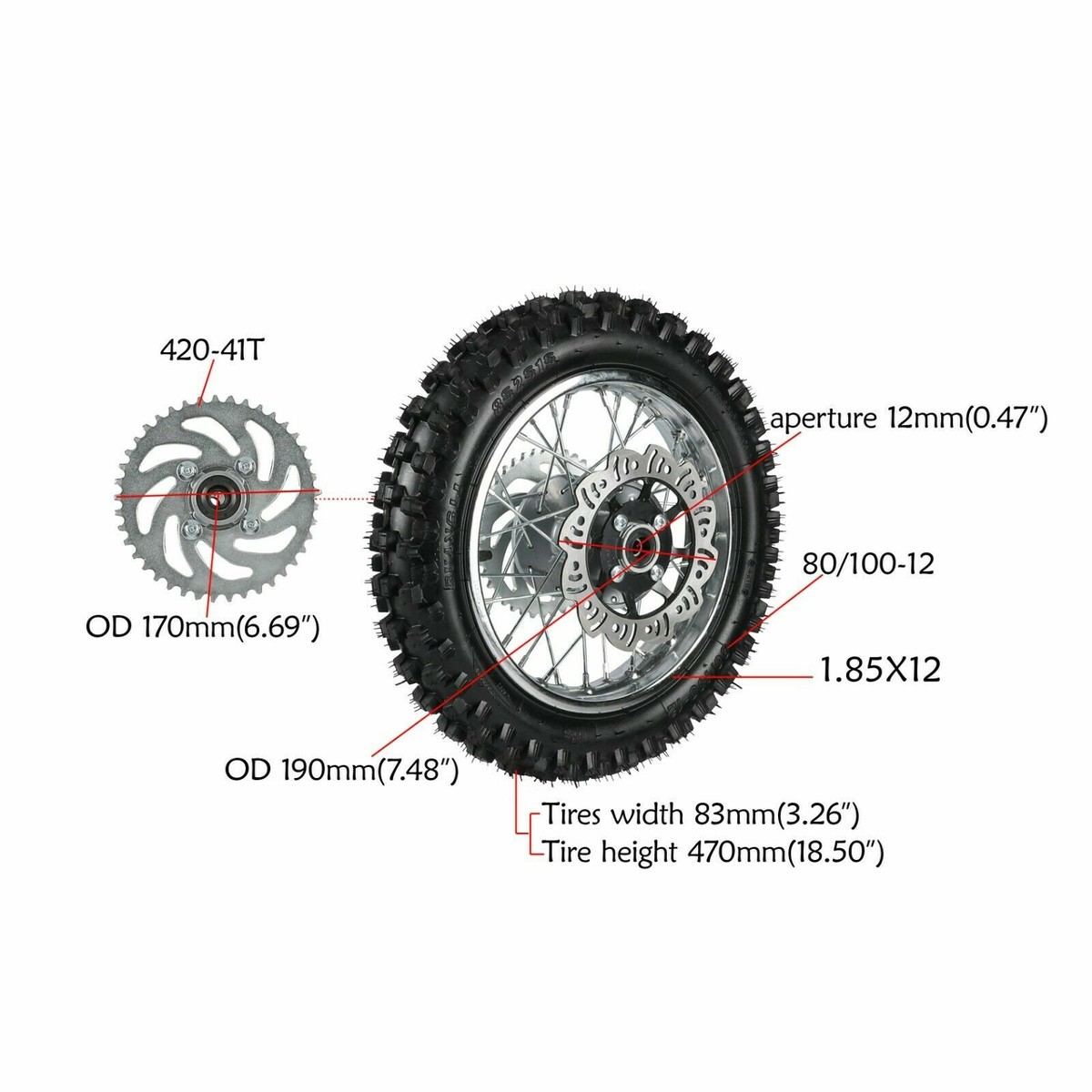 Pit Dirt Bike 3.00-12 1.85x12 Rear Wheel 80/100-12 Tire Rim