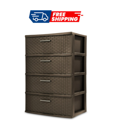 Sterilite Storage Drawer, 4 Drawer Plastic Weave Wide Tower with Pull Handles