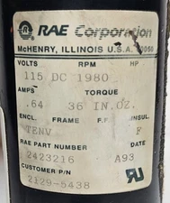 RAE Corporation Motor 2423216 2129-5438 1980rpm .64A 115v DC 36 in-oz - Serviced