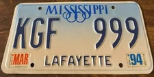 1994 Mississippi Vintage License Plate KGF 999 Triple Number Lafayette County