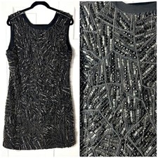 Topshop Boutique Black Silver Beaded Chain Cocktail Mini Dress Size 12 Large