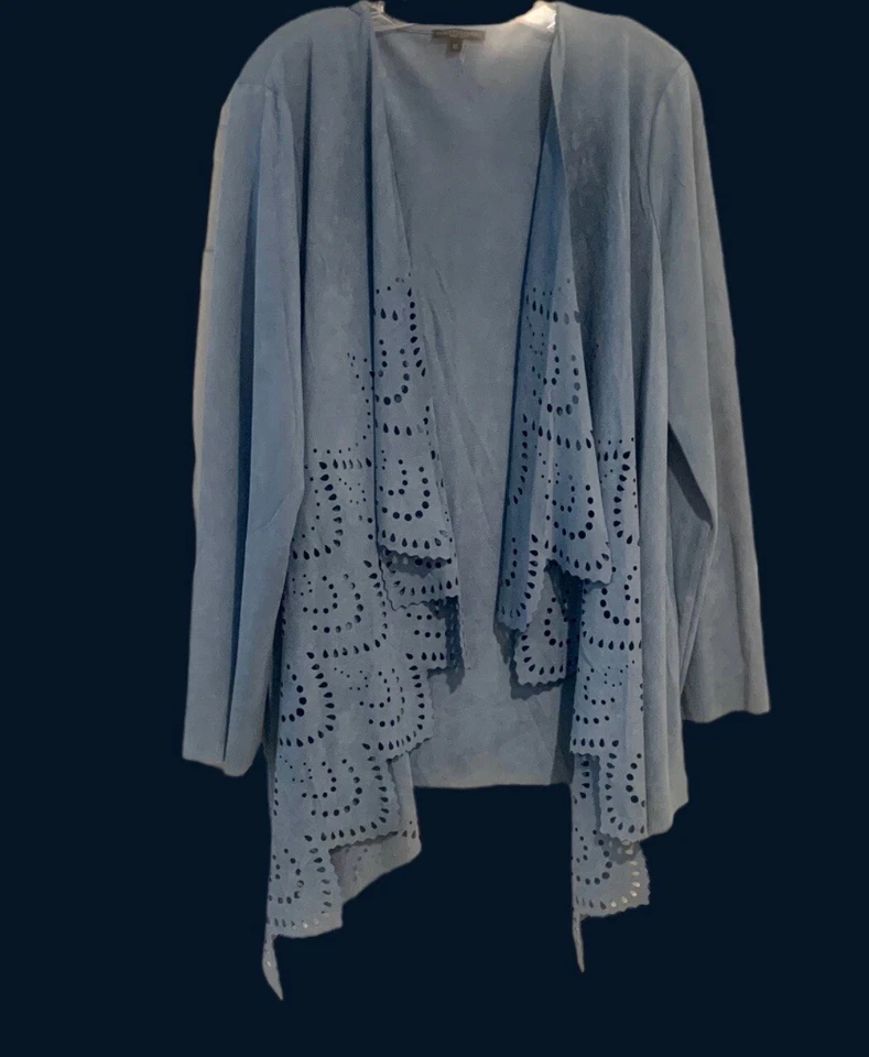 Cárdigan abierto Alberto Makali imitación gamuza azul polvoriento borde festoneado chaqueta XL Foto 4 de 4