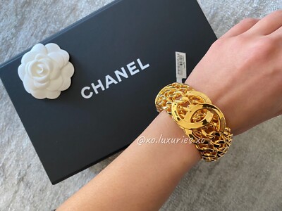 Authentic CHANEL w RECEIPT | Thick Chain Gold Bangle Bracelet NWT