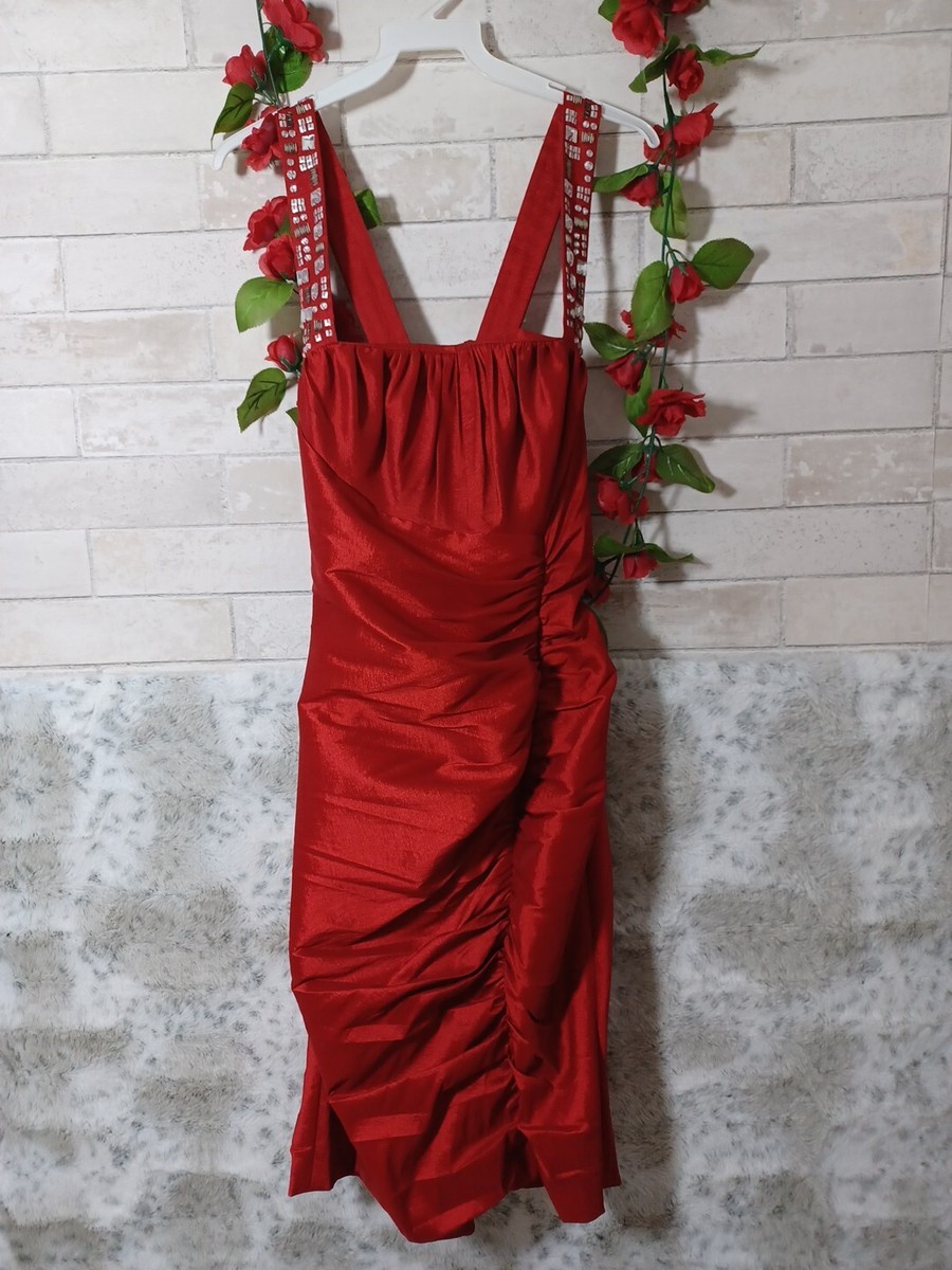 calvin klein red satin dress Calvin Klein Sheath Dress Womens 10 Red Satin Square Neck Back Zip Casual  Wear