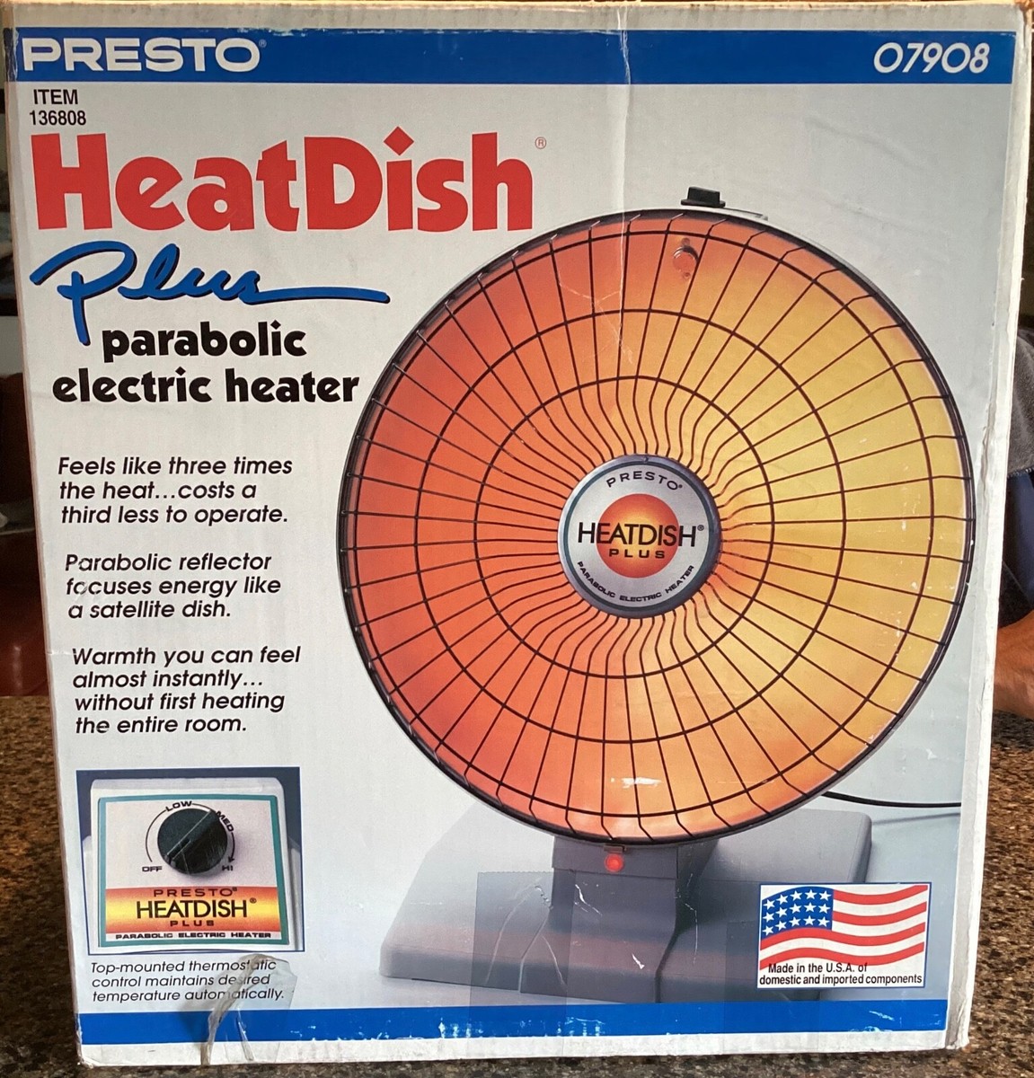 *Working* Presto Heat Dish Plus Parabolic Electric Heater 3 Setting Square Base