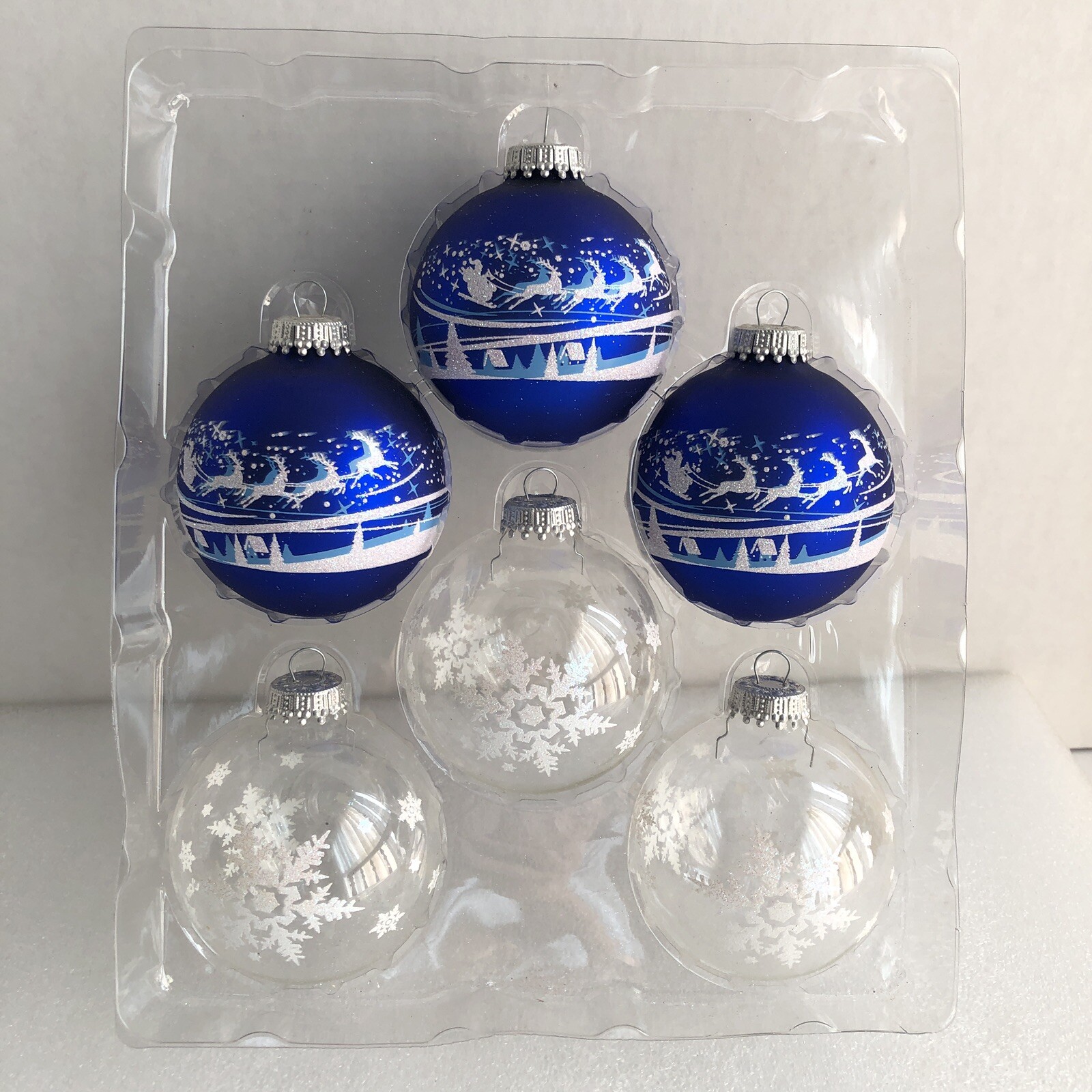 Krebs Glass Ornaments Germany Set Of 6 Santa Over Village Snowflakes