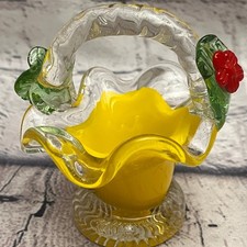 Murano Style Art Glass Ruffle Basket Vase Yellow Floral