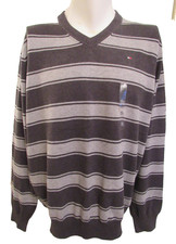Tommy Hilfiger Men Gray Stripe V-Neck Sweater Pima Cotton Pullover Sz XL NWT 50