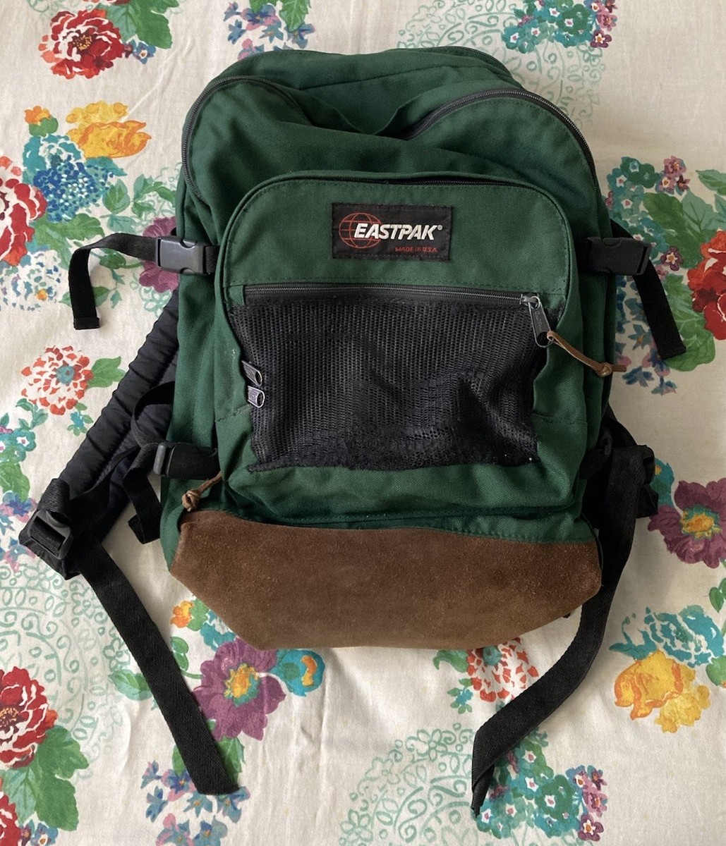 VTG 80s 90s Eastpak USA Made Forest Green Brown Leather Hiking