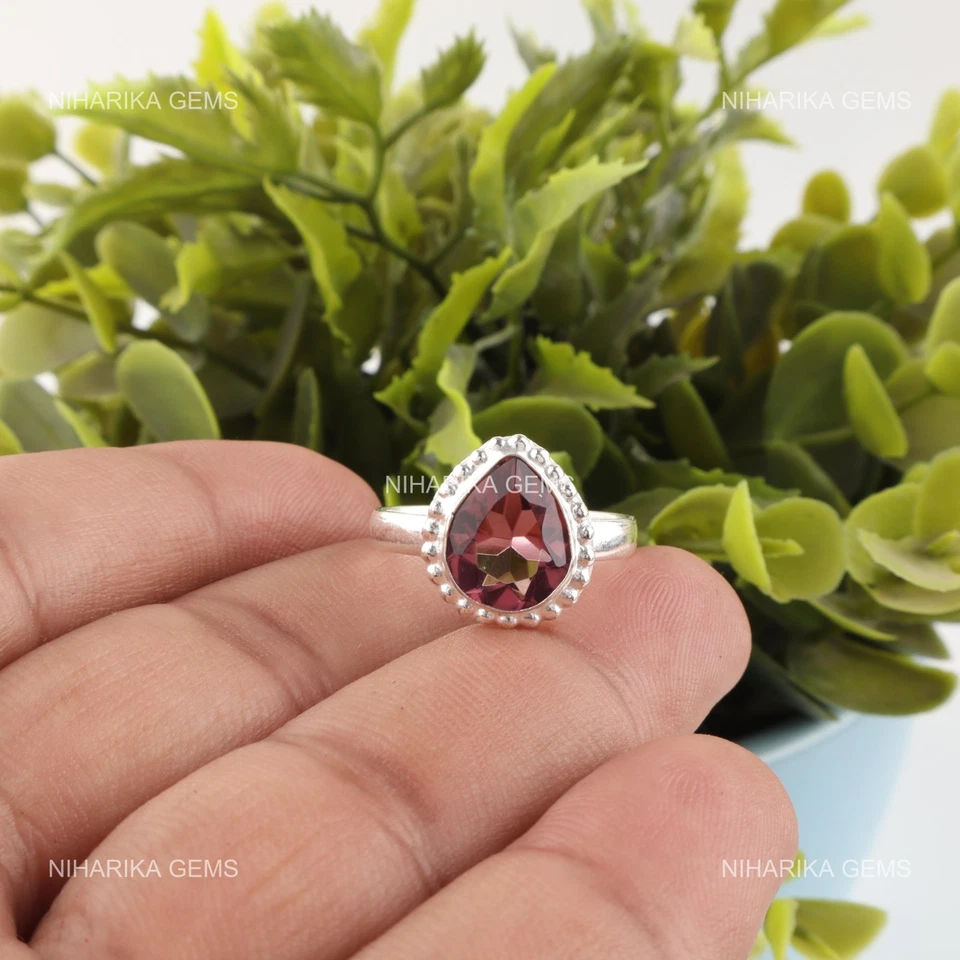 Anillo de compromiso solitario aniversario madre rodolita natural pera plata 925 Foto 3 de 4