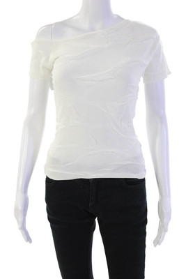 Zara Womens Stretch Textured Asymmetrical Short Sleeve T-Shirt Top Cream M