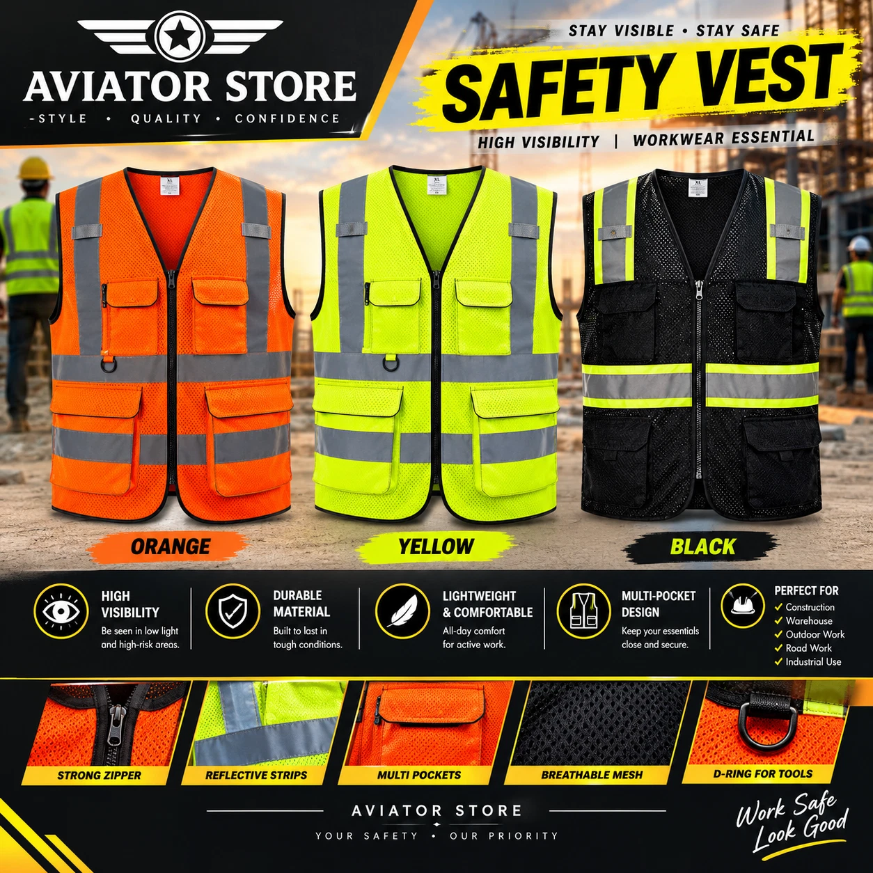 Super Duty Mesh High Visibility Safety Vest for Operations Black, Yellow, Orange - product detail image 1